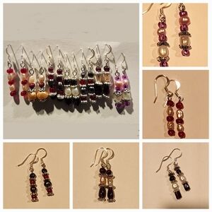 Elegant Beaded Earrings Set - Red, Purple, Silver